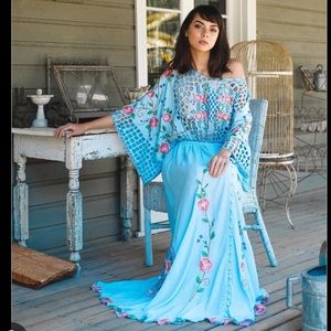 EUC Stunning Fillyboo Maternity Dress color blue with pink embroidery